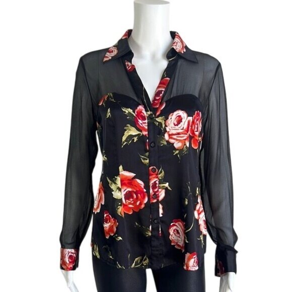 Cache Floral Button Front Mesh Detail Blouse - M - Picture 1 of 5